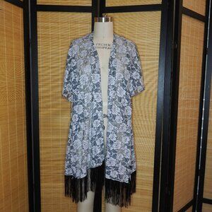 Janice, Lace Reversible Black and White Ruana, Fringe on bottom hem, One Size